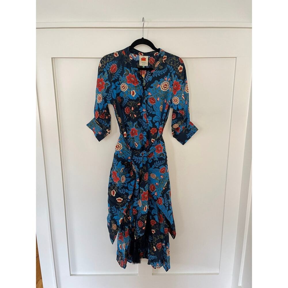 Farm Rio Maxi Dress Blue Floral Print Tie Waist Midi Length - Picture 2 of 6